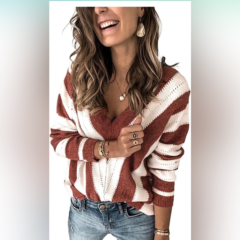 Fall brown and white v neck sweater